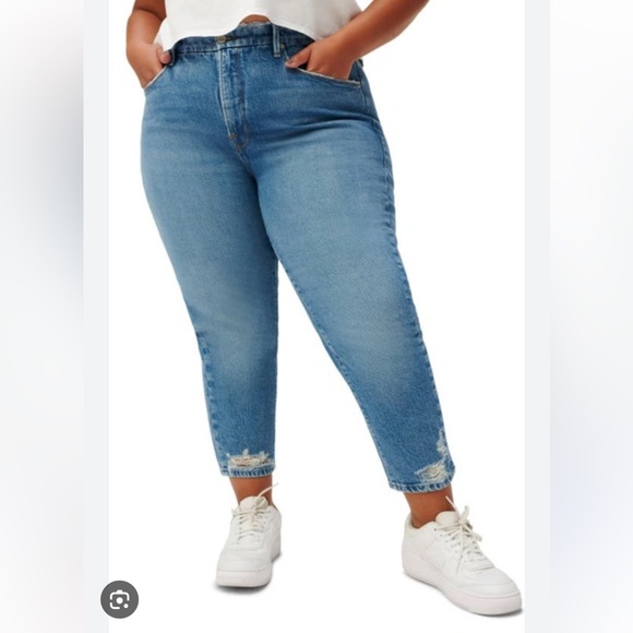 NWT GOOD AMERICAN Good Girlfriend Distressed Crop Straight Leg Jeans Blue682 16 - Picture 1 of 7